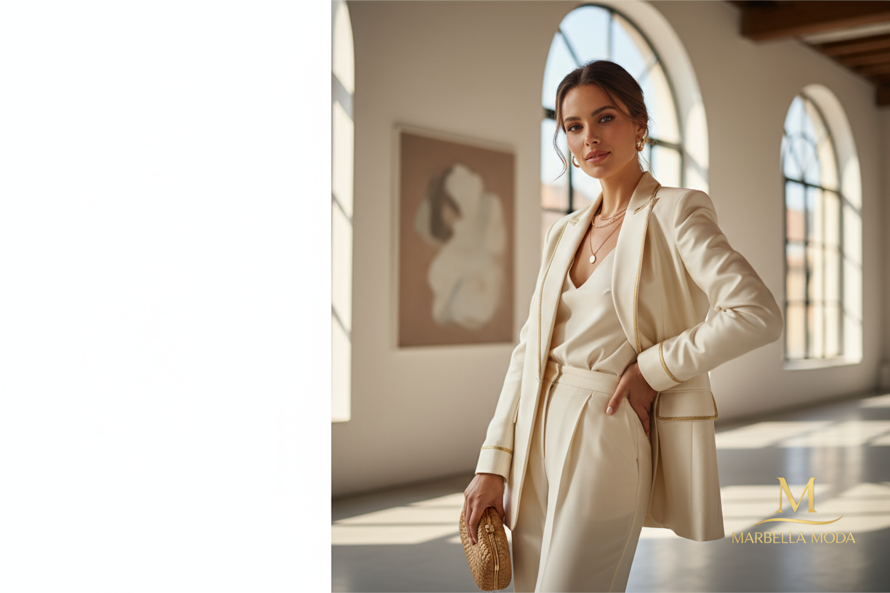 "Premium lifestyle banner featuring a stylish, confident Spanish woman, elegantly dressed, posing naturally. Soft, luxurious lighting, modern fashion aesthetic, clean background, subtle high-end branding vibes. Focus on elegance, beauty, and sophistication, suitable for an online store banner. Include space for text overlay. Vibrant but classy color palette, cinematic composition, ultra-detailed, high resolutio